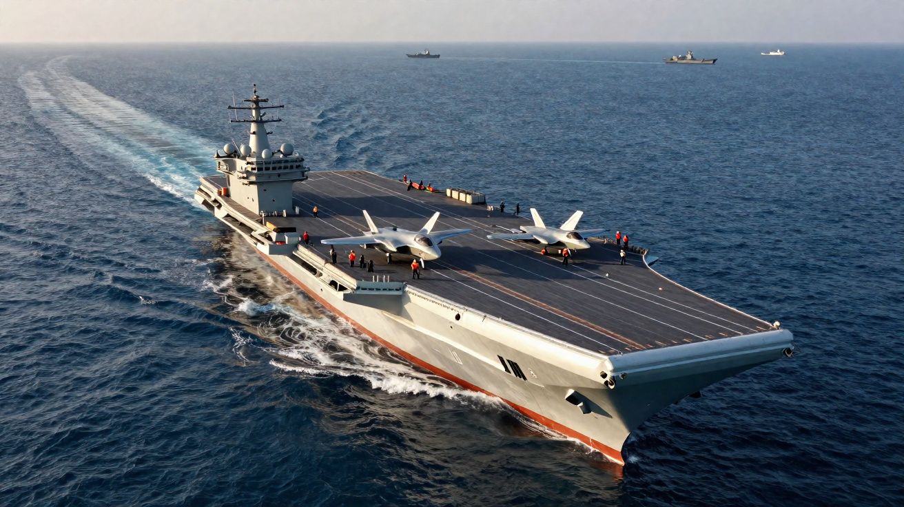 Porta-aviões em alto mar com aviões de combate na pista e tripulação ao redor.