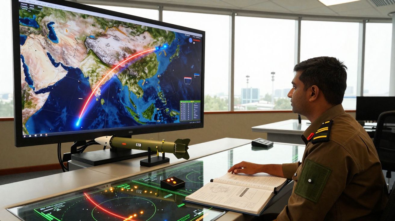 Homem militar observa monitor com mapa digital e trajetória de míssil em escritório moderno.