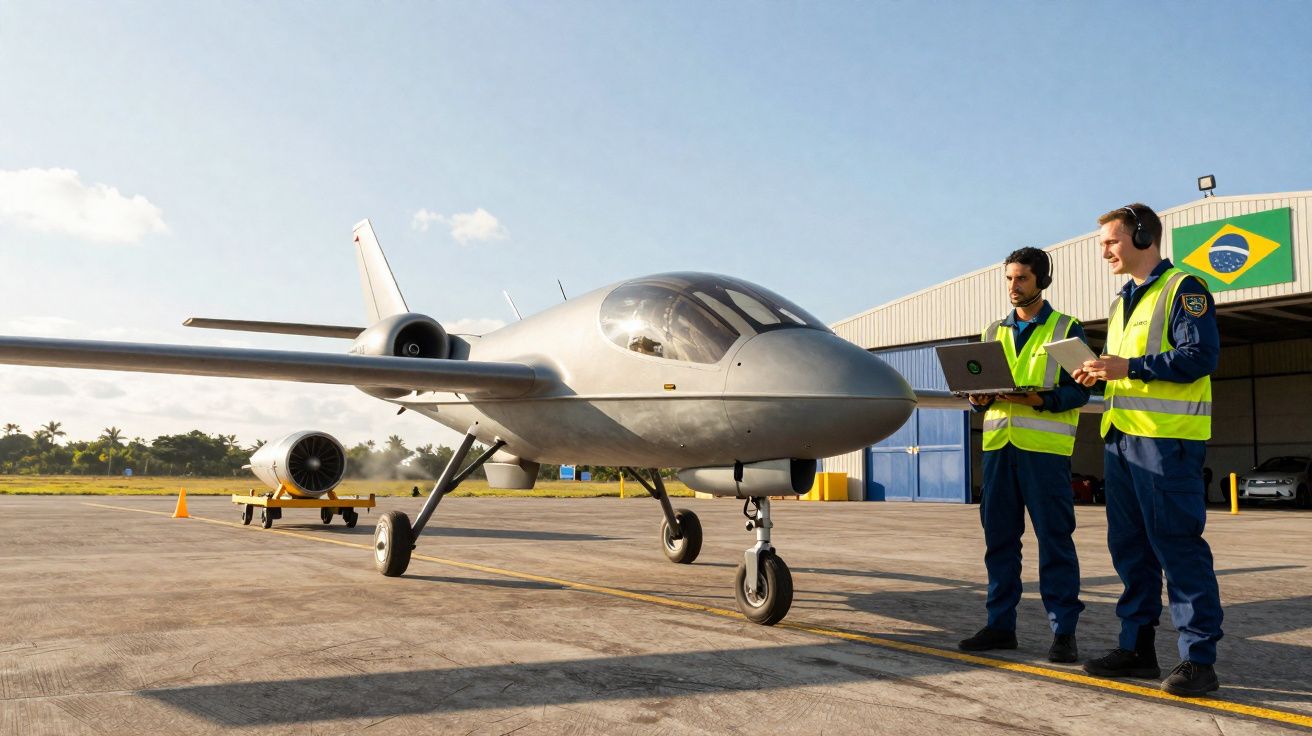 Avião não tripulado cinza em pista com dois técnicos usando coletes refletivos analisando informações.