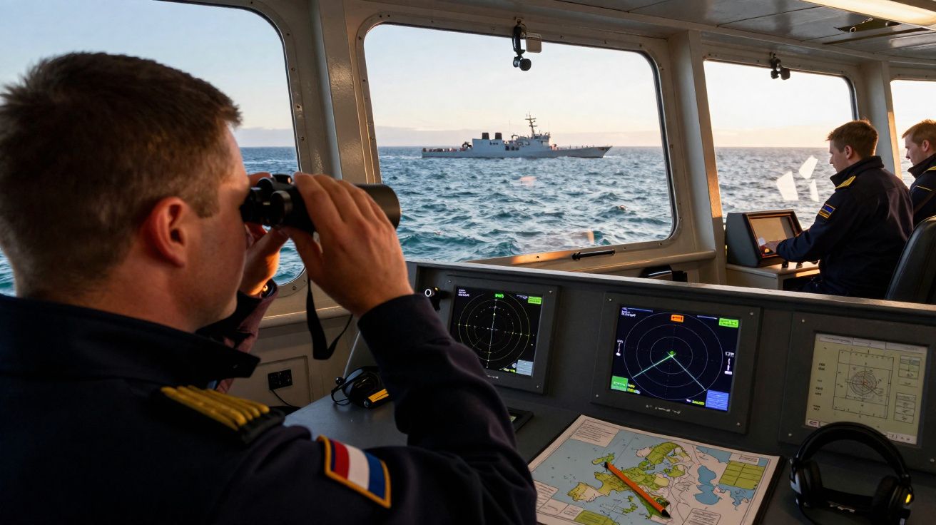 Marinheiros observam navio de guerra ao longe usando binóculo e equipamentos de navegação em ponte de comando.
