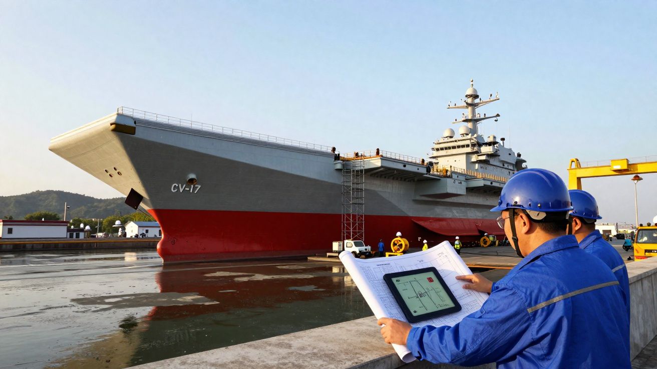 Dois trabalhadores com capacetes azuis analisam projeto em frente a grande porta-aviões em doca.