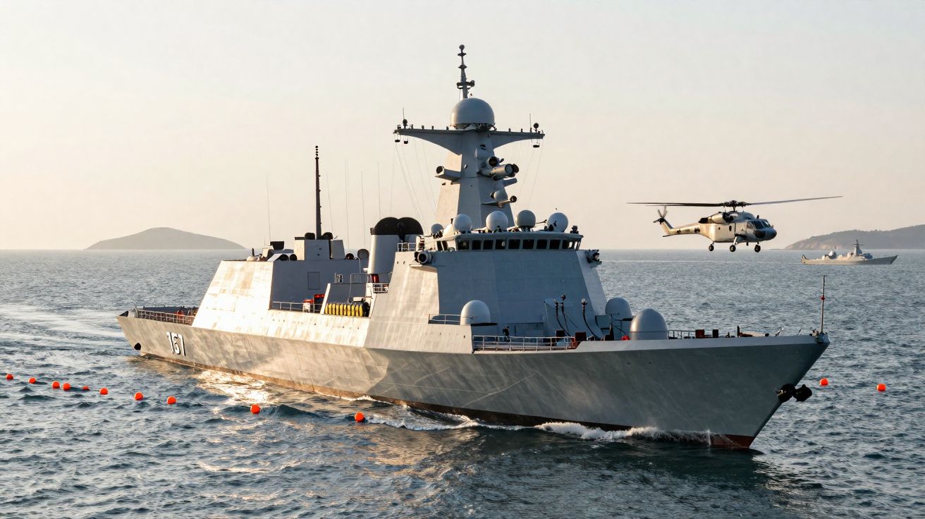 Navio de guerra cinza em alto mar com helicóptero voando ao lado e outra embarcação ao fundo.