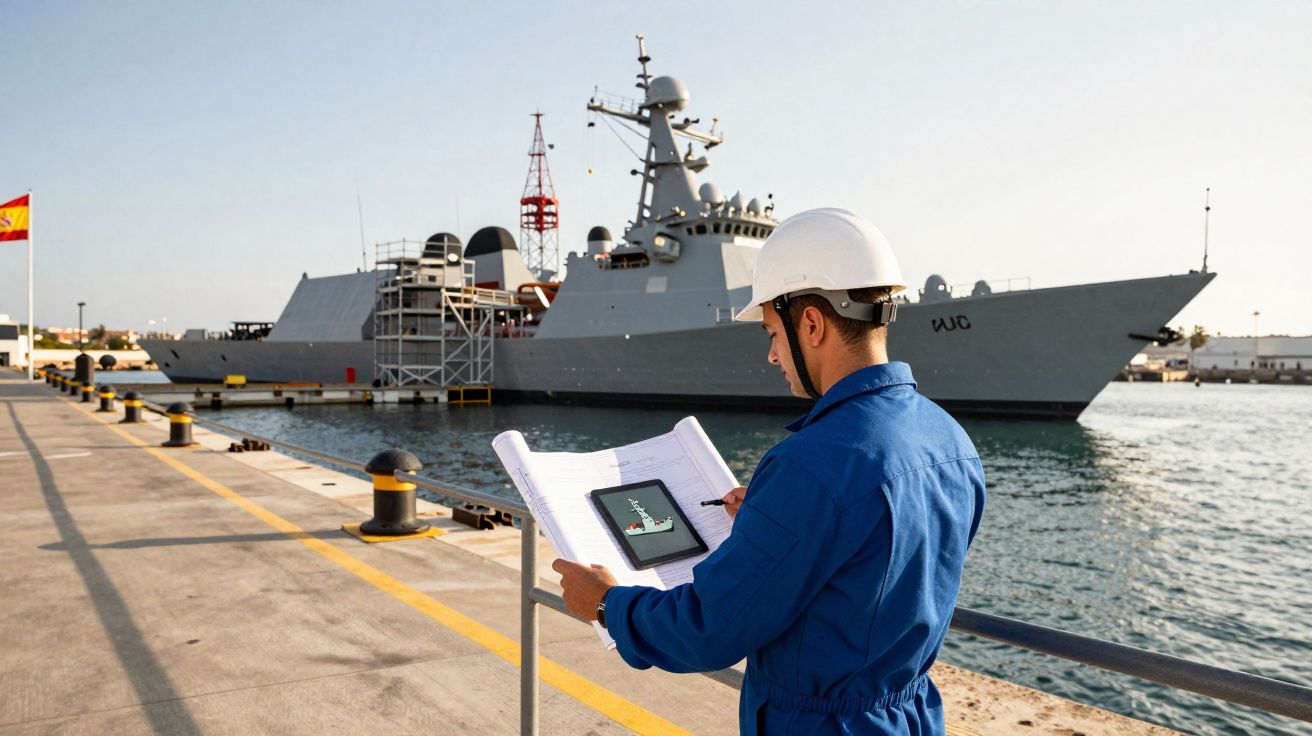 Homem com capacete branco e macacão azul verifica documentos em porto com navio militar ao fundo.