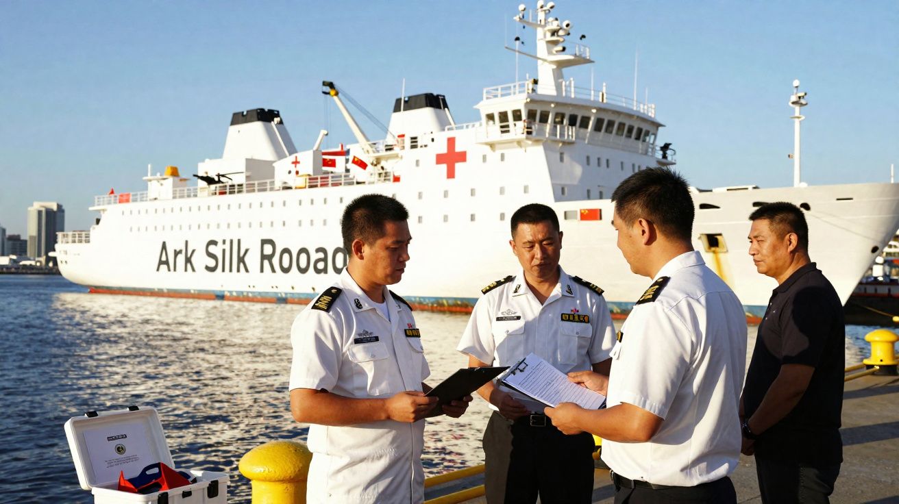 Quatro homens em uniformes discutem documentos no cais com um navio hospital Ark Silk Road ao fundo.
