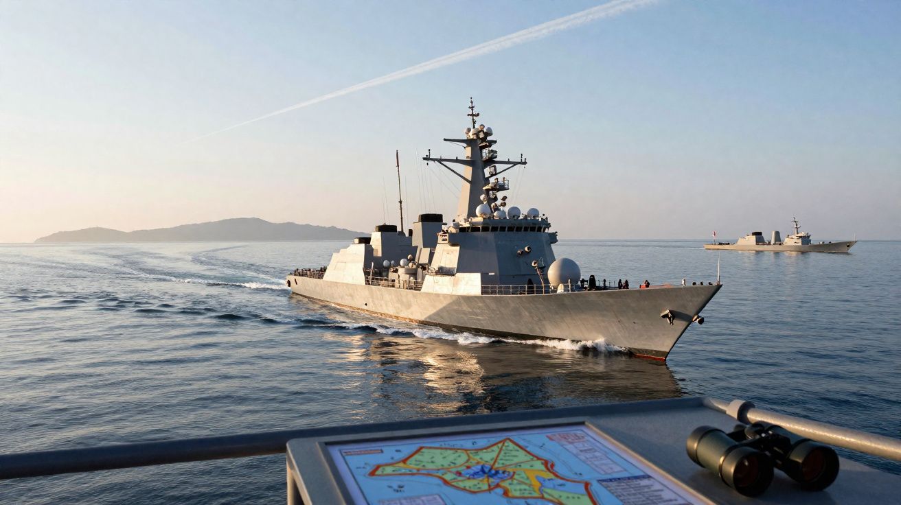 Navio de guerra navegando no mar ao entardecer, com outro navio ao fundo e binóculos sobre mapa.
