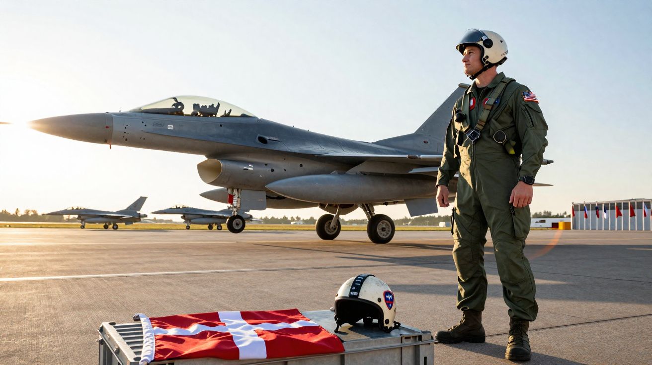 Piloto militar de uniforme e capacete em pé próximo a avião de caça em pista de aeroporto ao pôr do sol.
