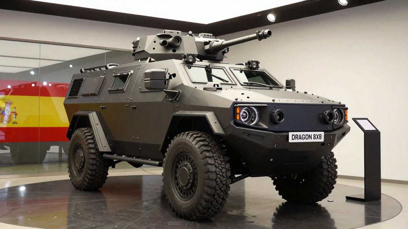 Veículo blindado militar Dragon 8x8 exposto em museu com parede refletora e bandeira da Espanha.