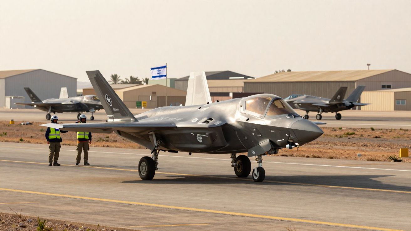 Caças F-35 da Força Aérea de Israel com oficiais em pista de pouso no deserto ao entardecer.
