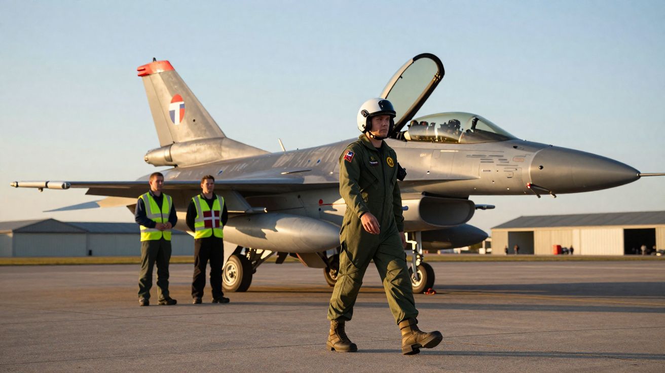 Piloto de caça com capacete caminha na pista próximo a jato militar estacionado durante o dia.