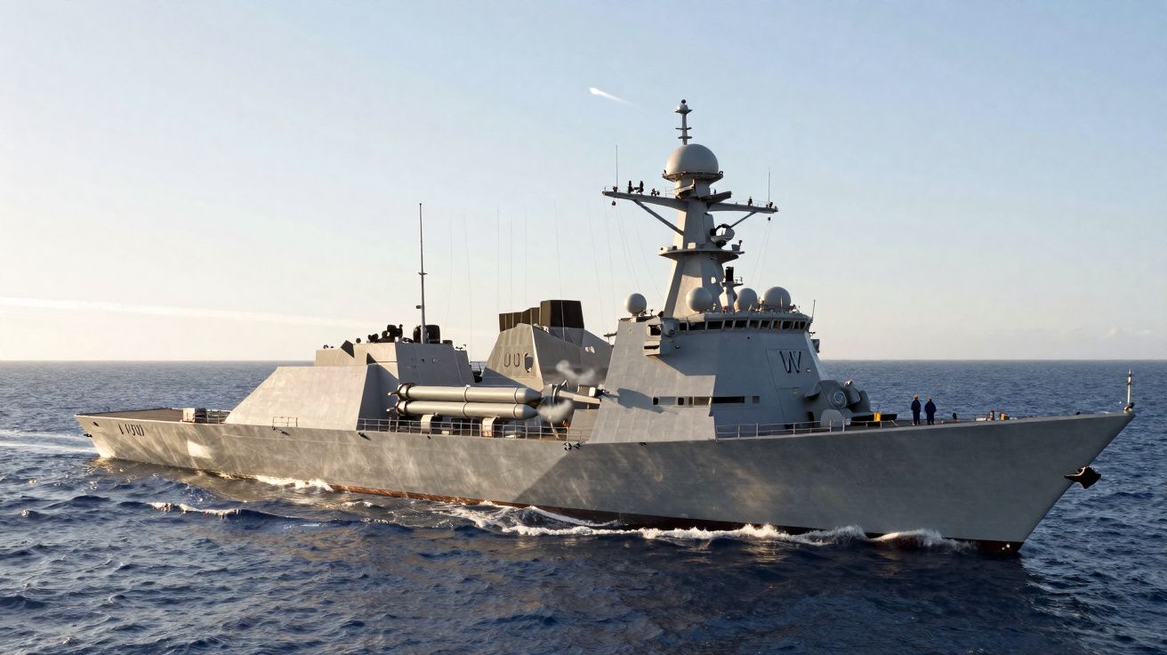 Navio de guerra moderno cinza navegando em mar calmo sob céu claro.