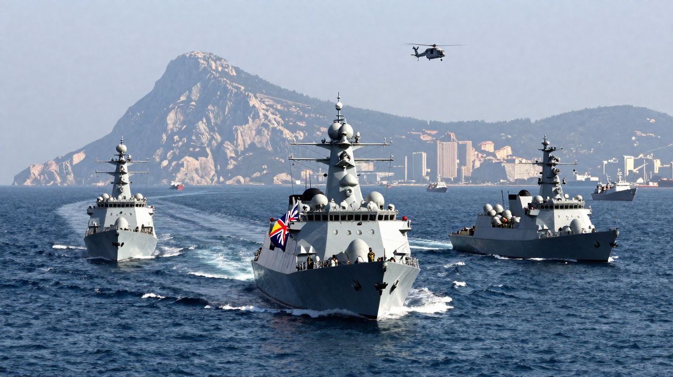 Três navios de guerra em formação no mar com helicóptero voando e montanha ao fundo ao longe.