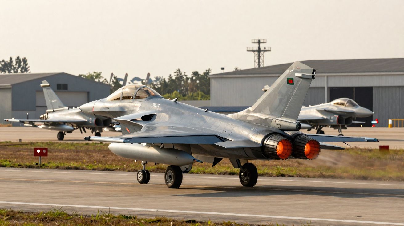 Caças F-16 prontos para decolar em pista de base aérea com hangares ao fundo.