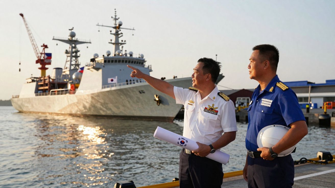Dois oficiais navais em uniforme observam e apontam para um grande navio militar atracado no porto.