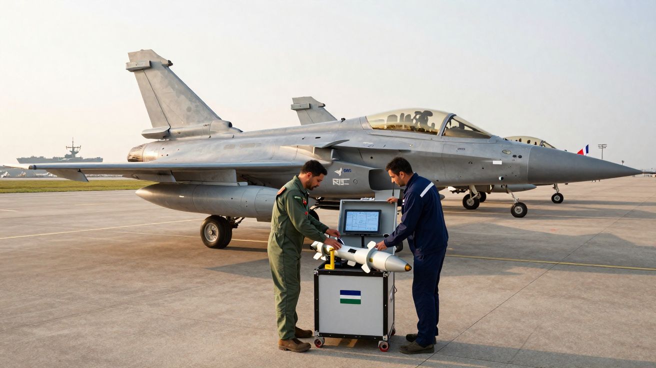 Dois homens trabalham em equipamento com míssil próximo a jato militar estacionado em pista de aeroporto.