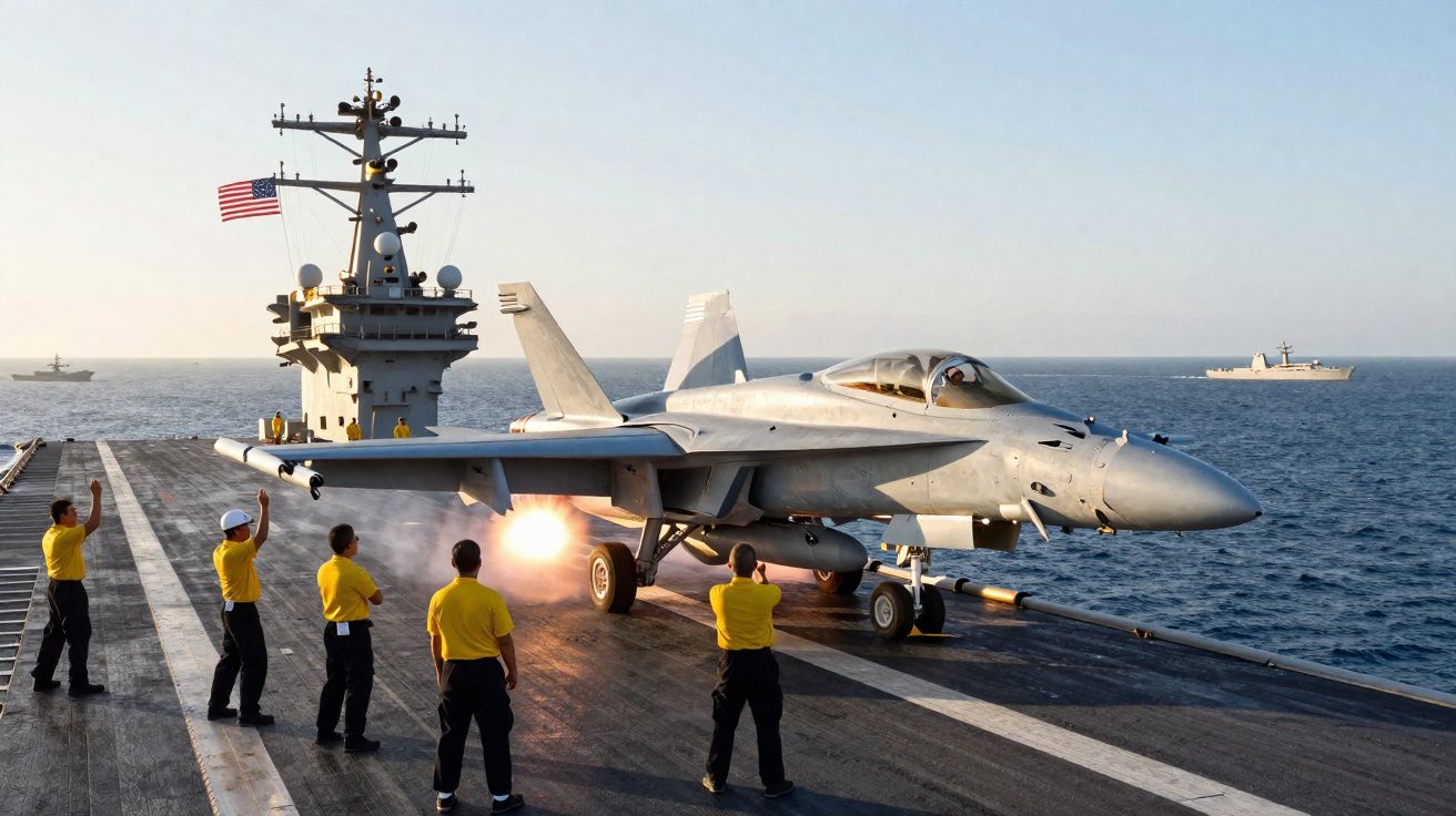 Caças decolando de um porta-aviões com pessoal em uniformes amarelos sinalizando no convés ao pôr do sol.