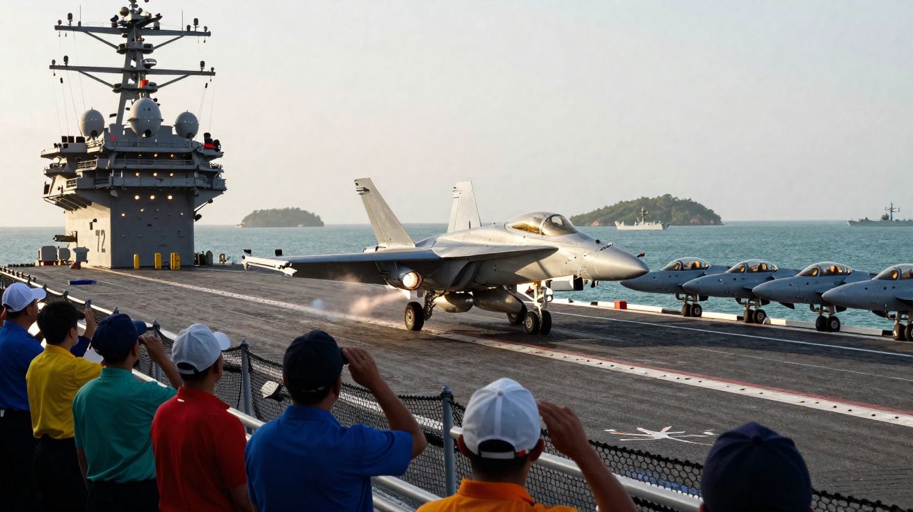 Pessoas observam jato militar decolando de porta-aviões no mar ao entardecer.