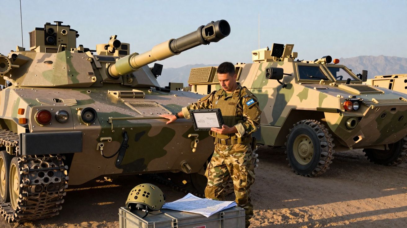 Soldado em uniforme camuflado ao lado de veículo blindado militar, segurando tablet com mapas e capacete à frente.