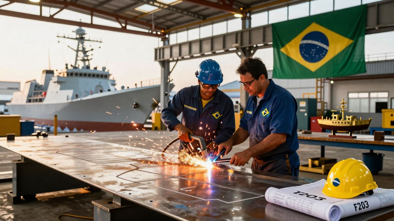 Dois trabalhadores brasileiros soldando metal em estaleiro naval com navio e bandeira do Brasil ao fundo.