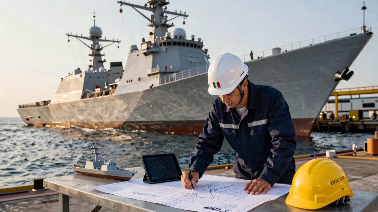Engenheiro naval revisa plantas técnicas ao ar livre, com navio de guerra e modelo no fundo, em porto.