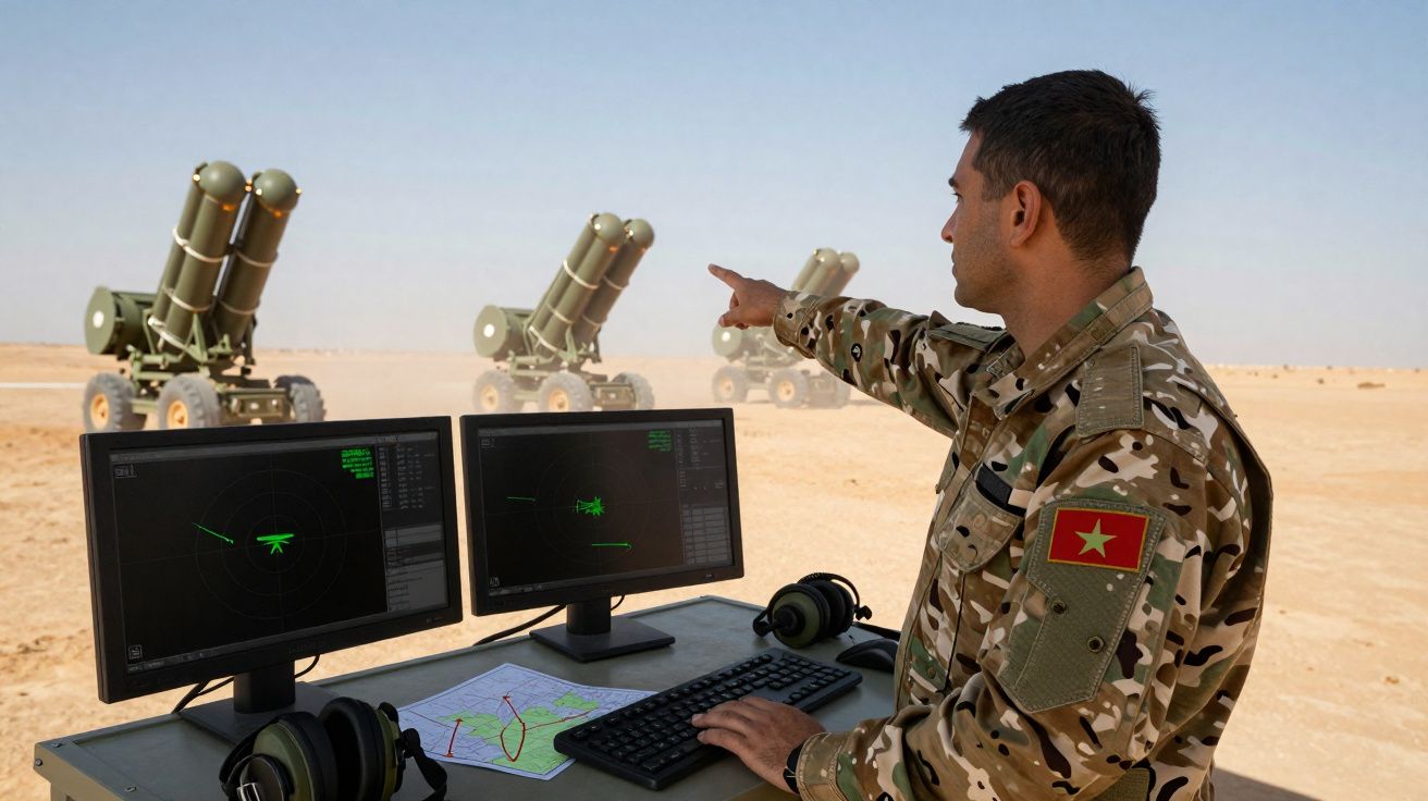 Militar em uniforme camuflado operando sistemas de radar e lançadores de mísseis em ambiente desértico.