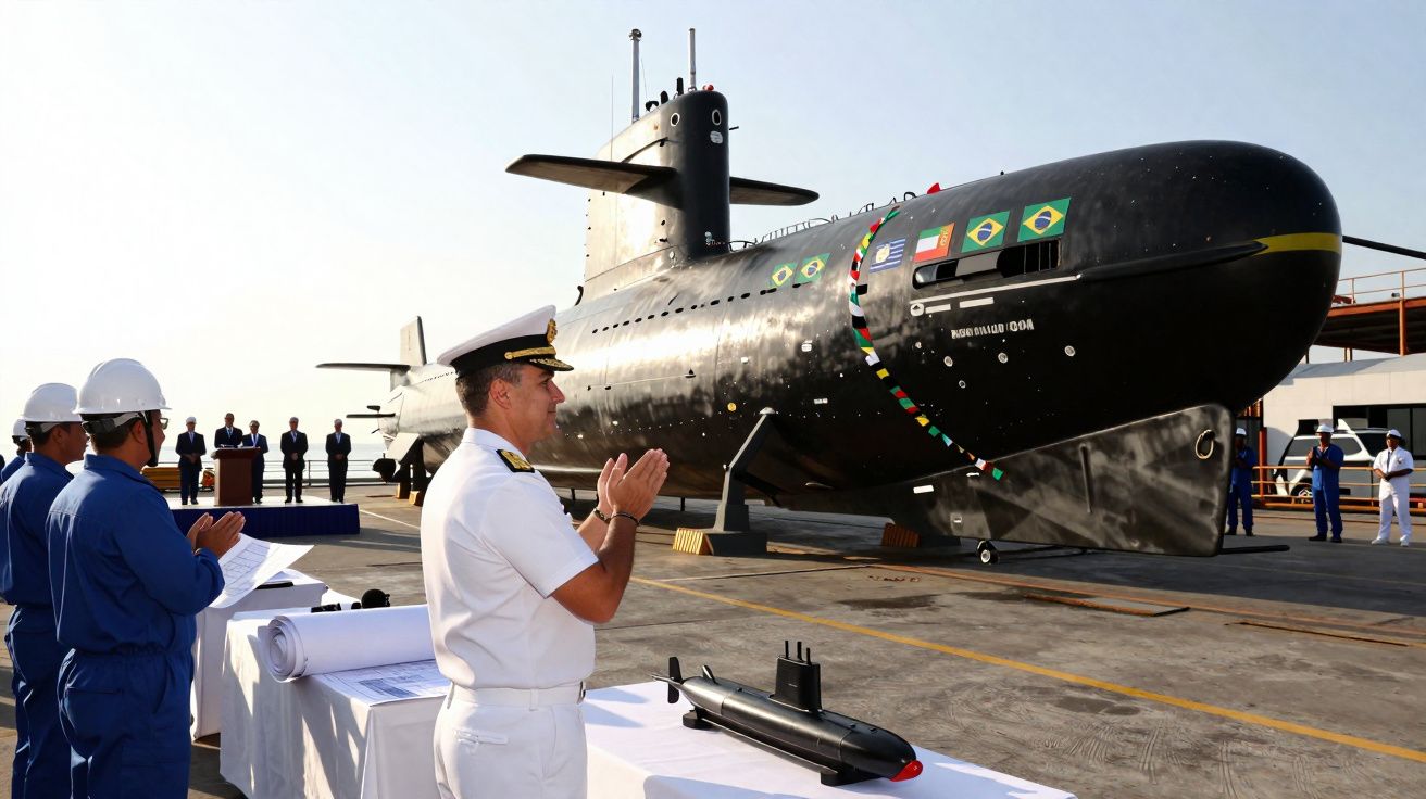 Oficiais da Marinha em cerimônia ao lado de submarino brasileiro negro com bandeiras decorativas.