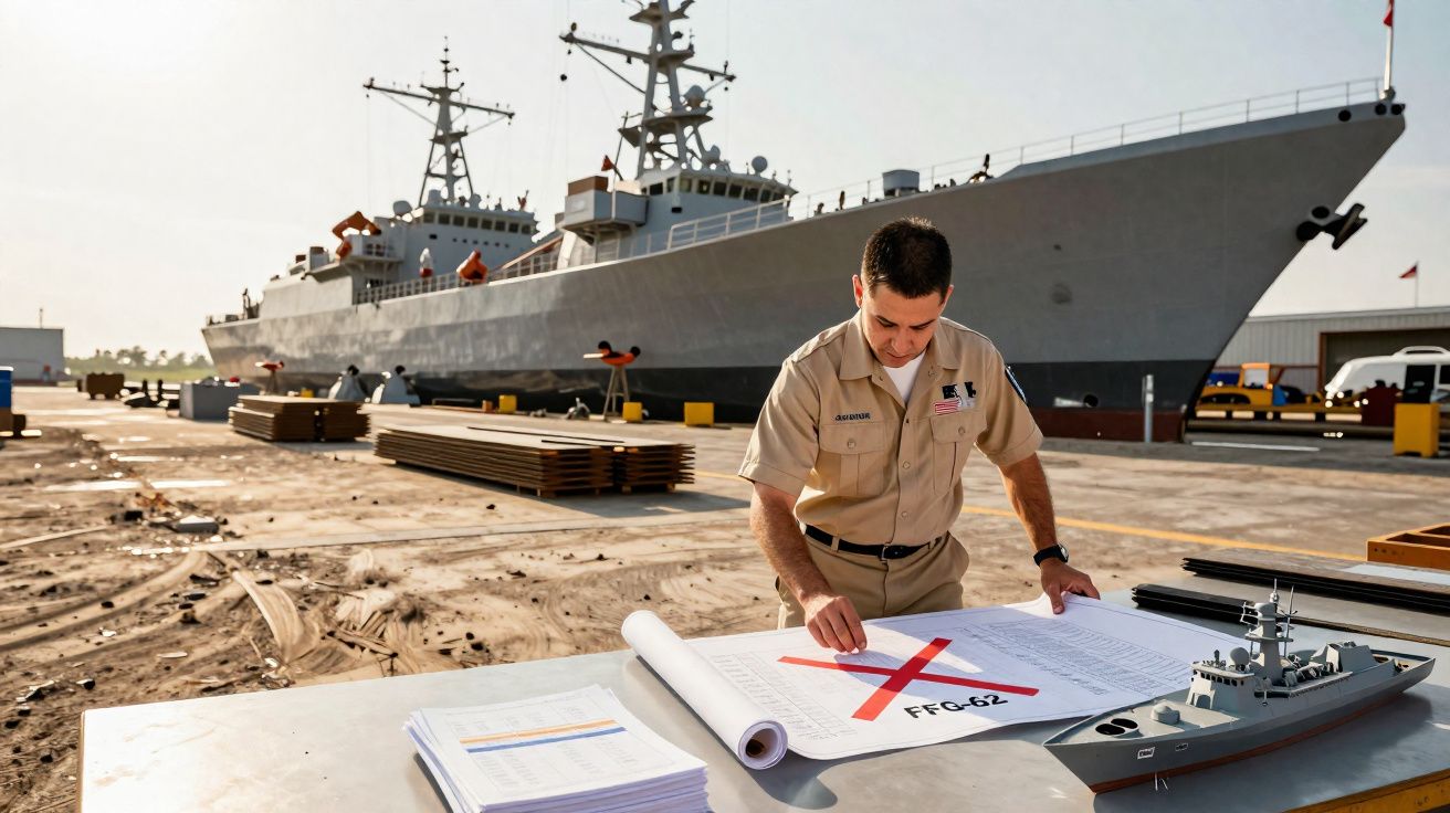 Homem uniforme naval analisa planta com X vermelho próximo a maquete de navio e navio real ao fundo.