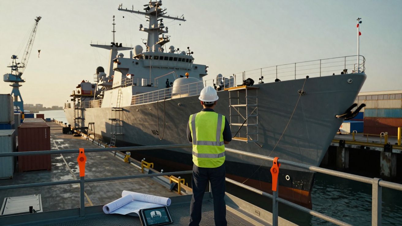 Homem com colete e capacete observa navio militar ancorado em porto industrial ao pôr do sol.