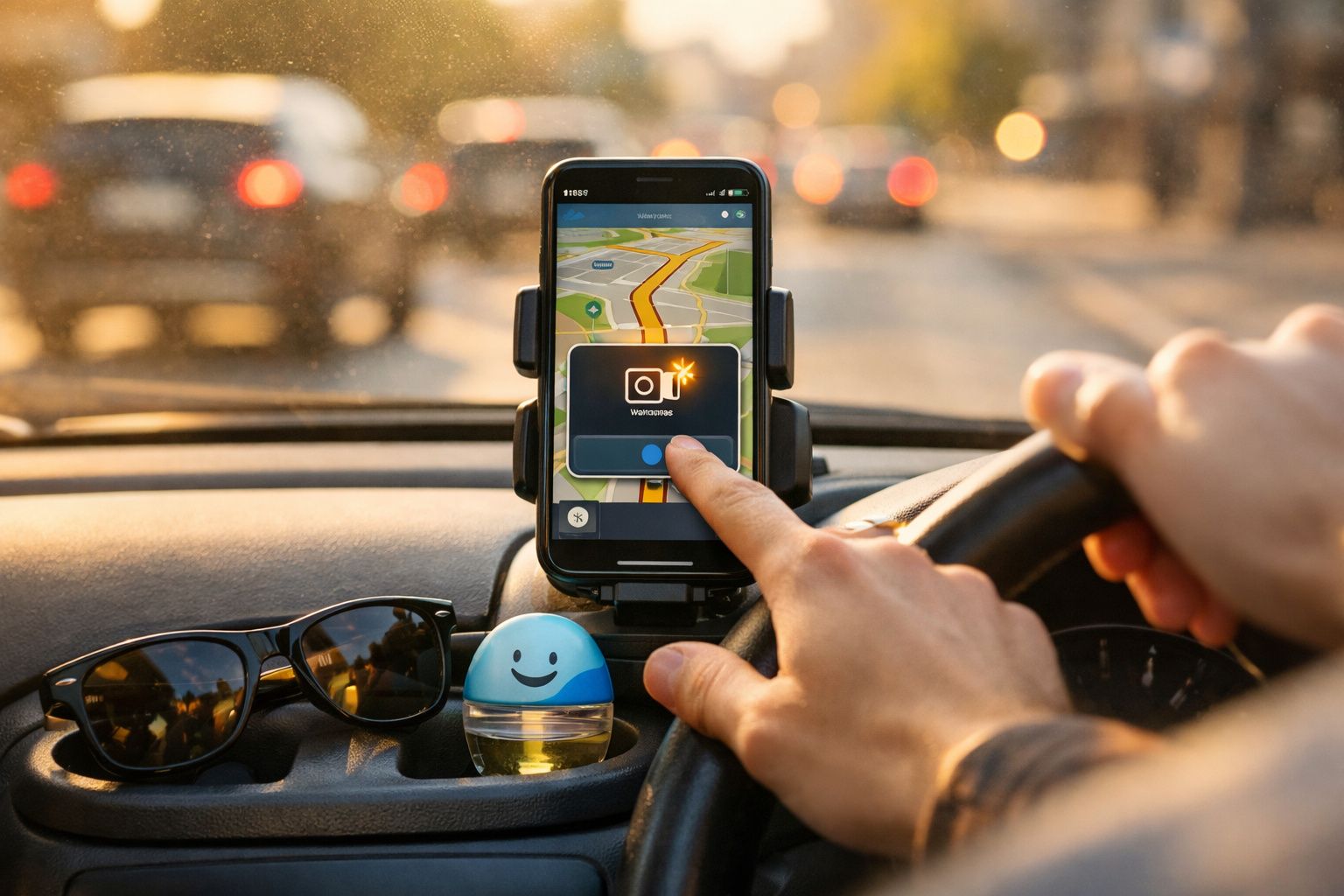 Pessoa usando GPS no celular enquanto dirige, com óculos escuros e aromatizador no painel do carro.