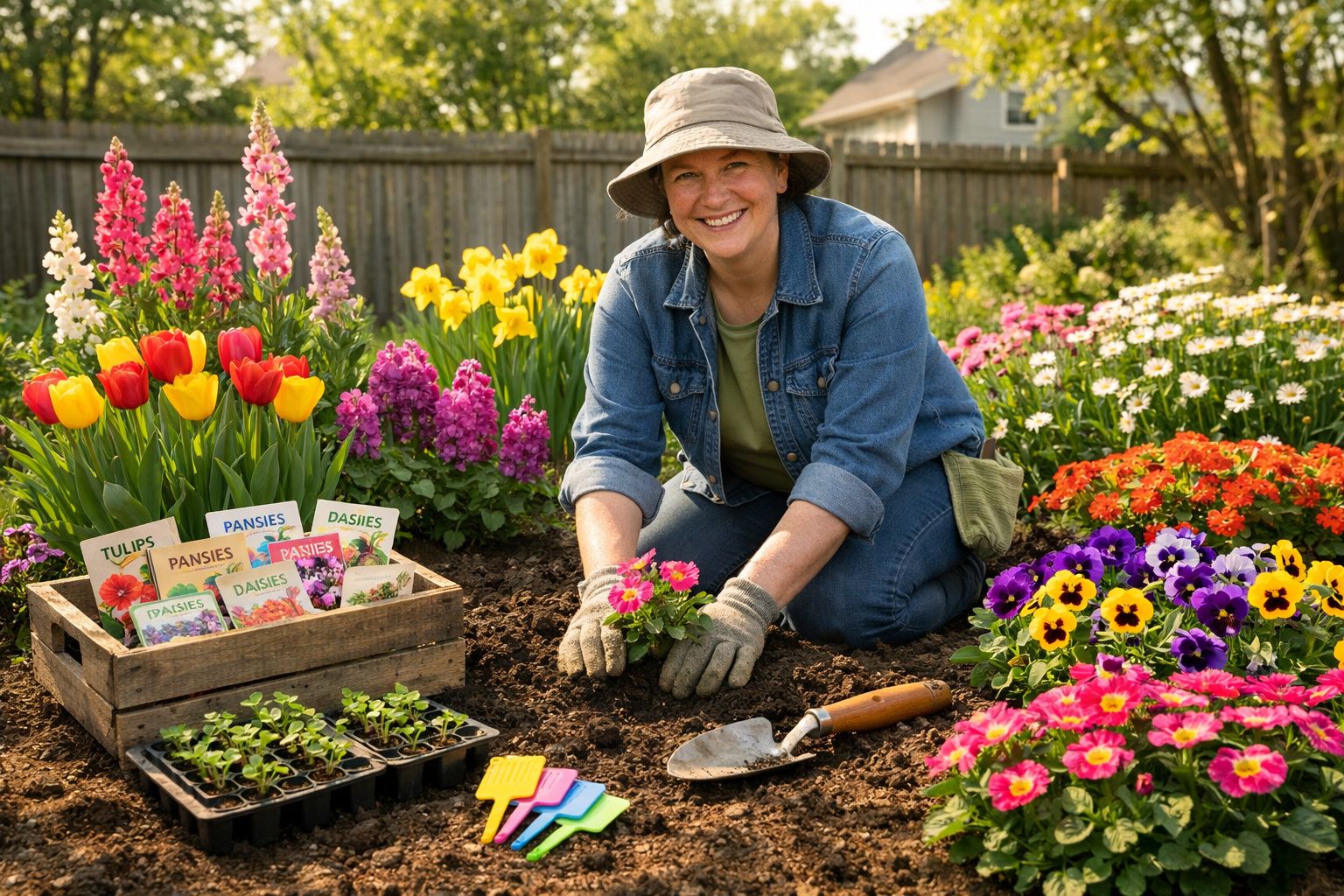 Mulher sorridente plantando flores coloridas em jardim com sementes e ferramentas ao redor.