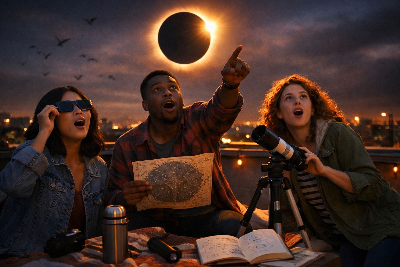 Três pessoas observam e apontam para um eclipse solar enquanto usam telescópio e mapa estelar à noite.