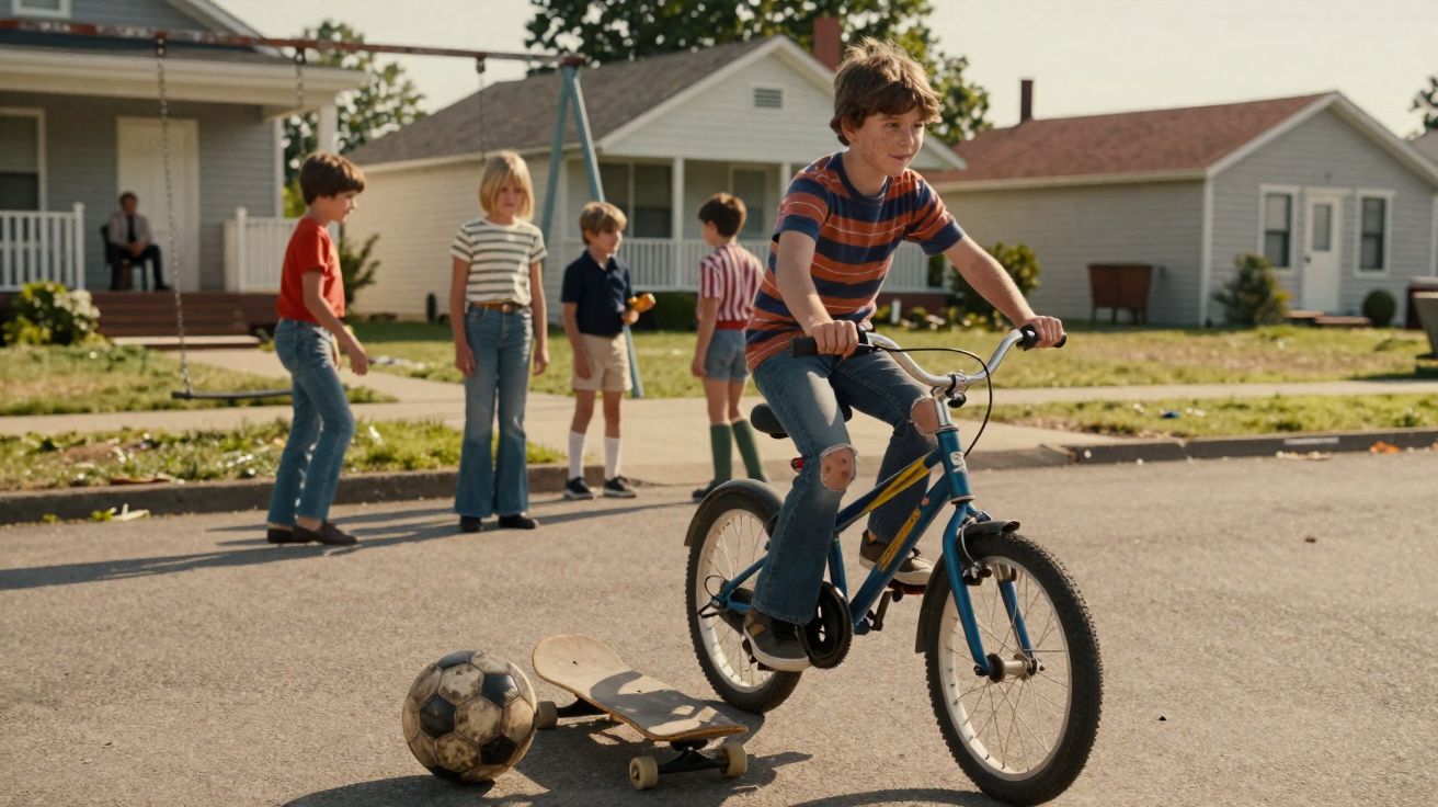 Criança andando de bicicleta enquanto outras crianças observam em rua residencial com casa ao fundo.