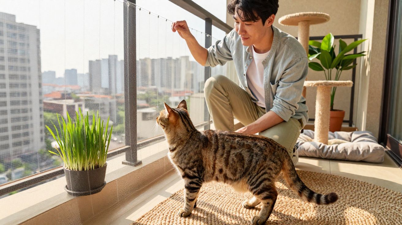 Homem brinca com gato em varanda ensolarada com plantas e arranhador ao fundo.