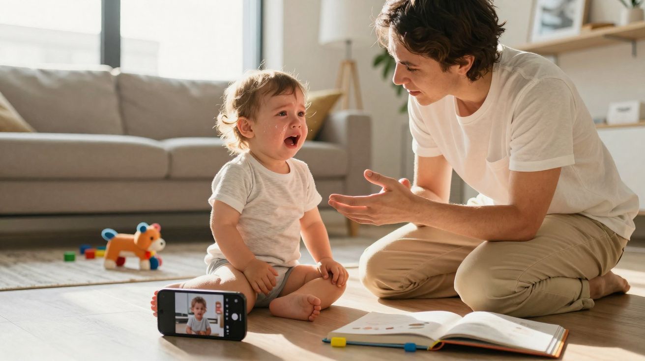 Bebê chorando sentado no chão com adulto tentando acalmá-lo, celular e livro à frente em sala iluminada.