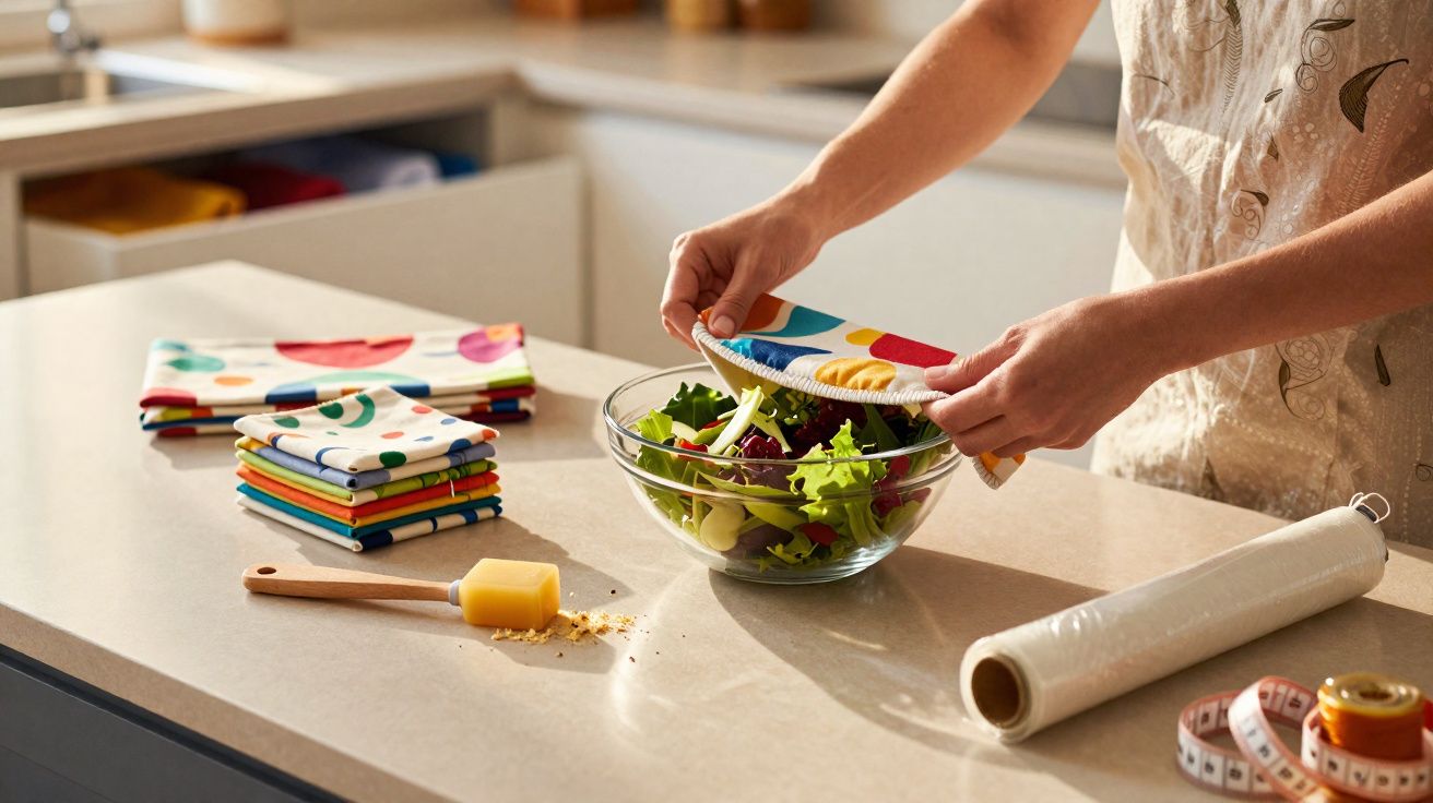 Pessoa cobrindo tigela com salada usando pano colorido reutilizável em cozinha moderna.