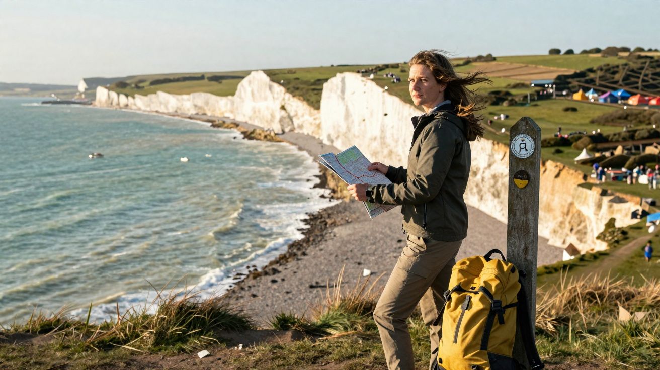 Mulher com mochila amarela segura mapa em penhasco à beira do mar com falésias ao fundo.