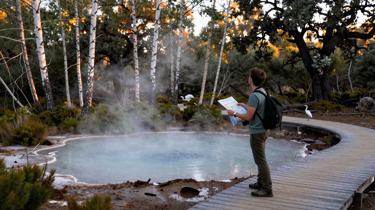 Homem observa poça de água quente com vapor em área florestal, segurando um mapa próximo a uma passarela.