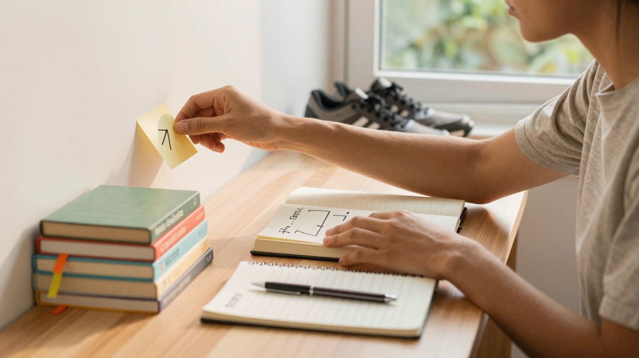 Pessoa estudando tabelas em caderno com livros empilhados e post-it em parede clara próxima à janela.