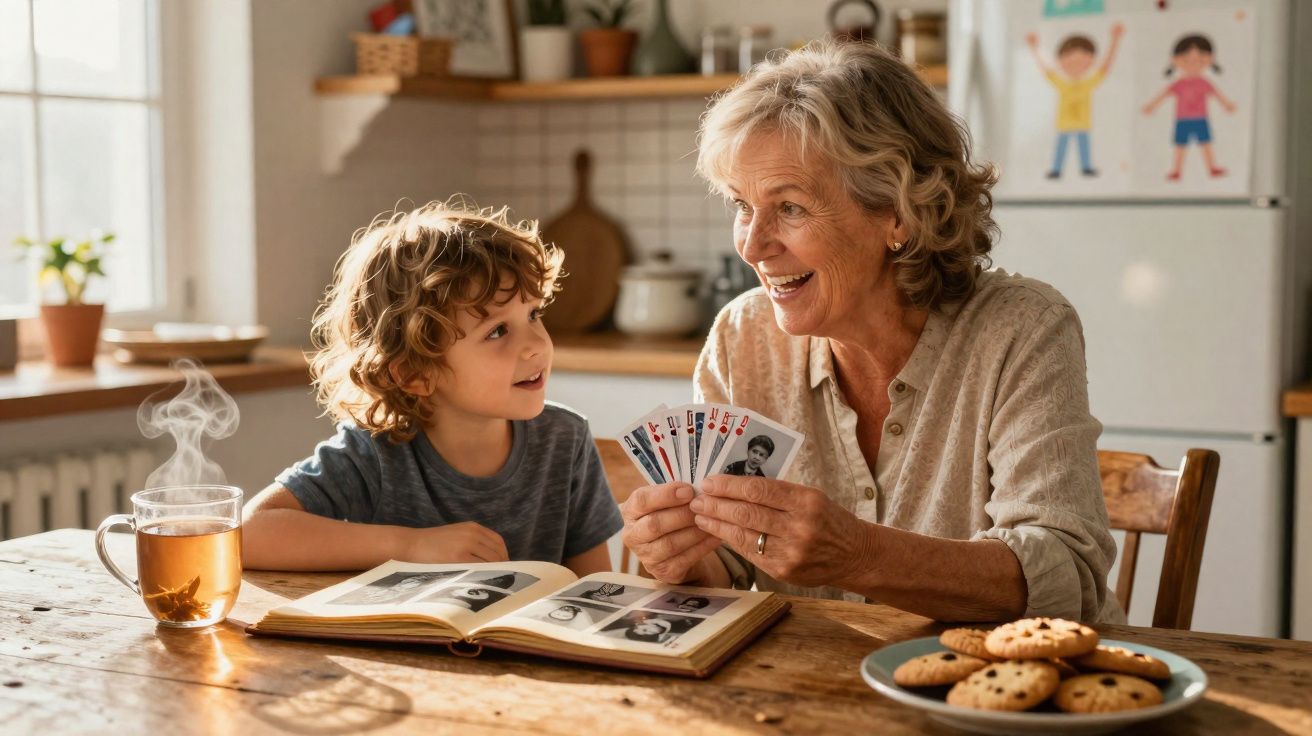 Avó e neto sorrindo enquanto jogam cartas na cozinha, com álbum de fotos, chá e biscoitos na mesa.