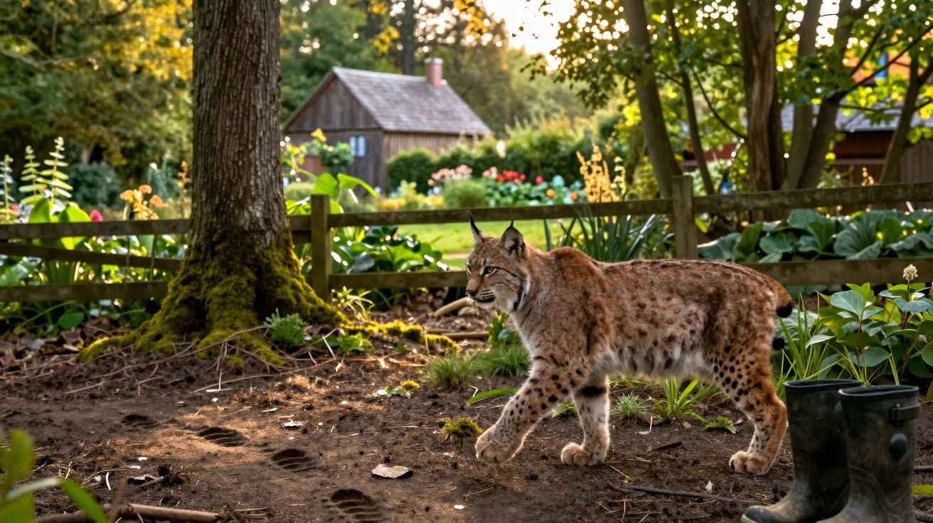 Lince caminhando em jardim com árvore, plantas e casa de madeira ao fundo, em luz do entardecer.
