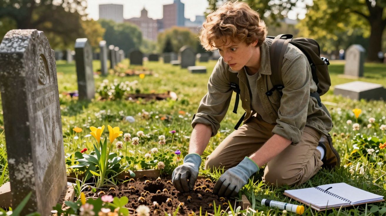 Jovem jardineiro com luvas planta flores ao lado de lápide em cemitério ensolarado.