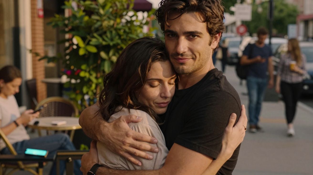 Jovem casal se abraça na calçada de uma rua com pessoas e mesas ao fundo.