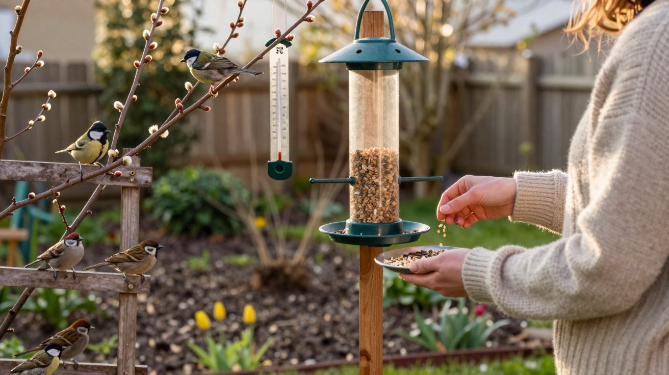 Pessoa alimentando pássaros em comedouro no jardim durante o dia com termômetro ao lado e árvores ao fundo.