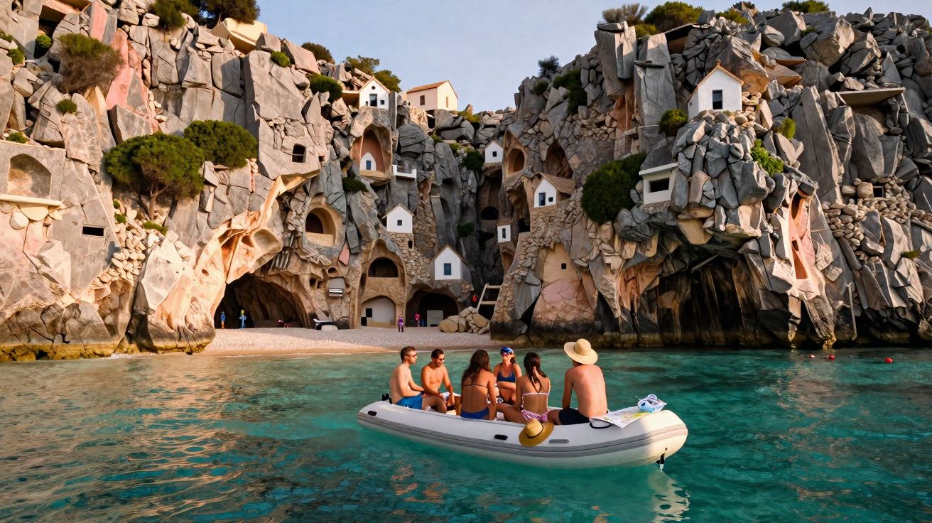 Grupo de pessoas em barco inflável em águas claras com casas integradas em falésias rochosas ao fundo.