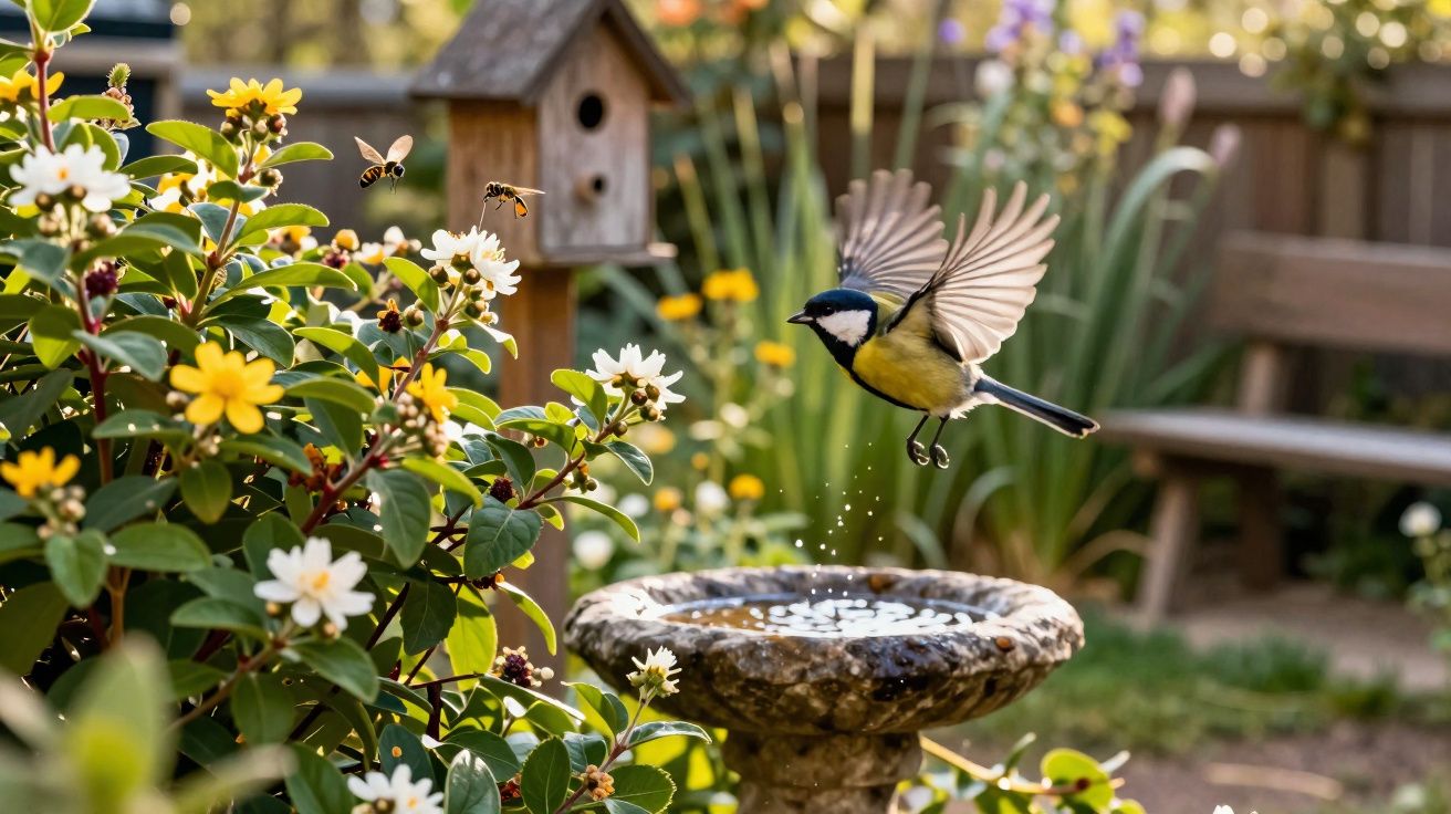Pássaro voando sobre fonte de pedra em jardim com flores e abelhas ao redor em dia ensolarado.