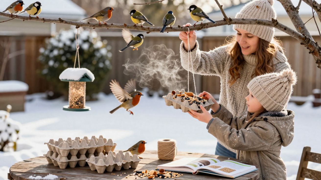 Mãe e filho alimentando pássaros no inverno com neve ao redor e comedouros caseiros pendurados em galho.