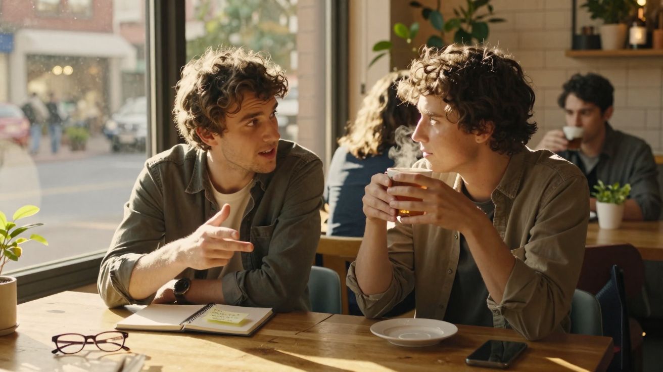 Dois jovens conversam em cafeteria, um segurando uma xícara com bebida quente.