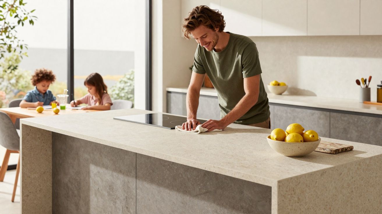 Homem limpando bancada de cozinha moderna enquanto duas crianças desenham ao fundo na sala iluminada.