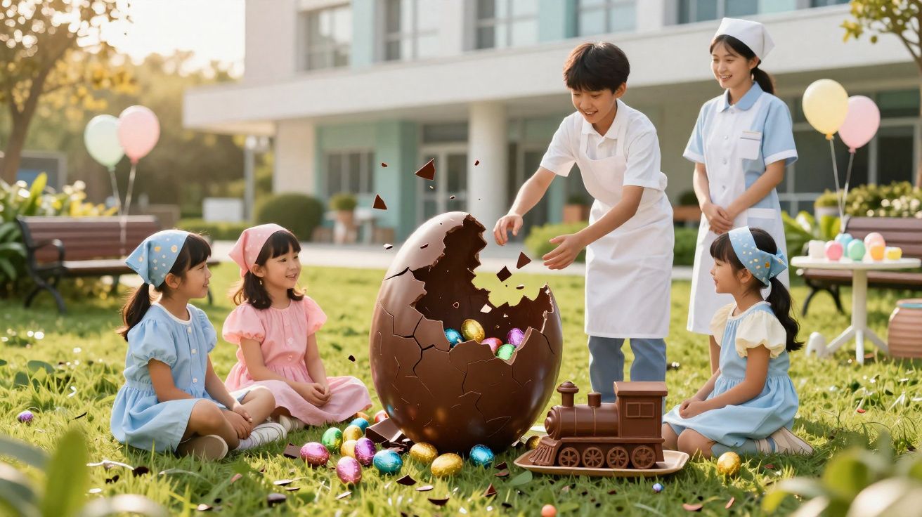 Crianças e enfermeira em parque abrindo ovo de Páscoa gigante com ovos coloridos ao redor.