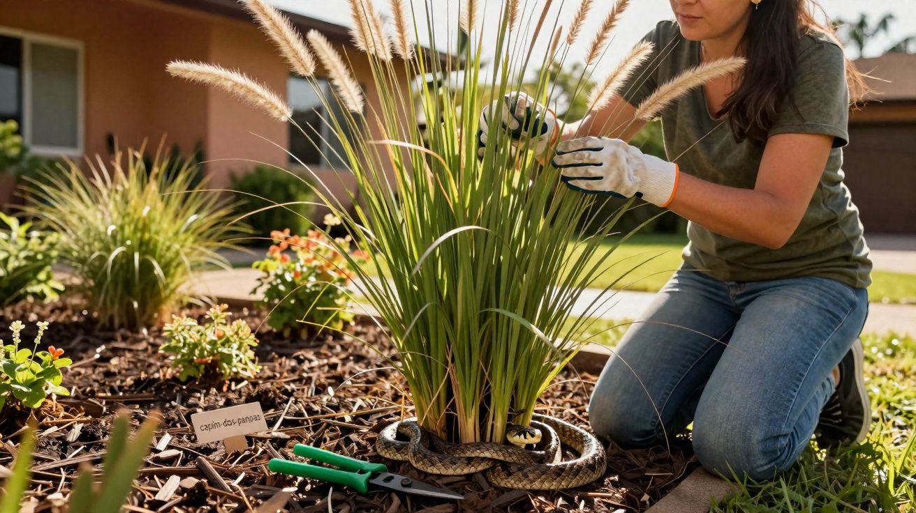 Mulher ajoelhada cuidando de planta alta com serpente enrolada na base, em jardim ensolarado.