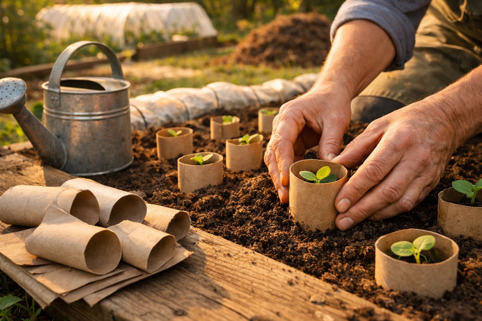 Mãos plantando mudas em pequenos vasos de papel em canteiro de terra, com regador ao fundo.